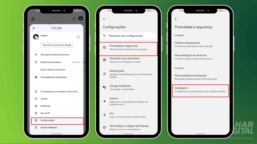 Orientações para ativar o SafeSearch no aplicativo do Google em dispositivos Android