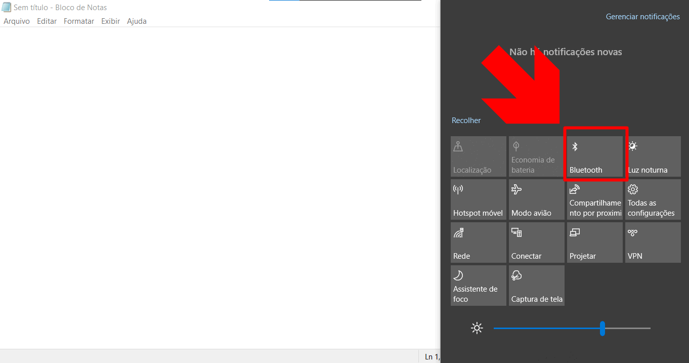 Botão de ativação do Bluetooth na área de notificações do Windows