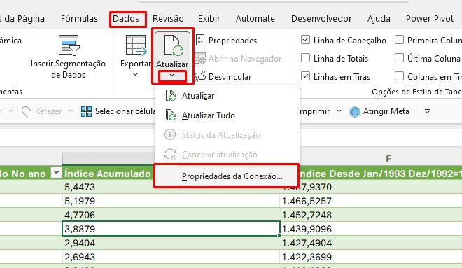 Exemplo de configuração de Propriedades da Conexão no Excel