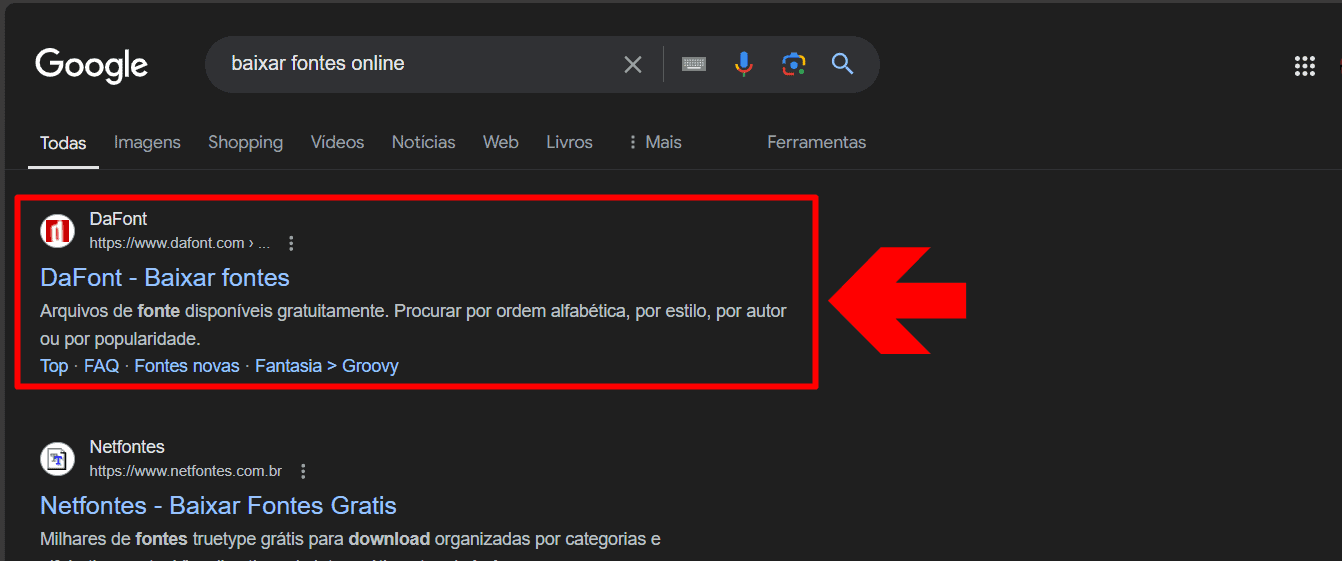 Imagem mostrando o resultado da pesquisa no Google sobre download de fontes