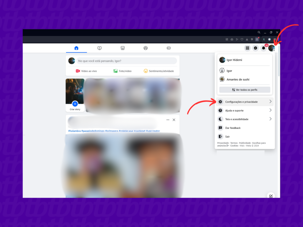 Abrindo o menu de configurações do Facebook pelo PC