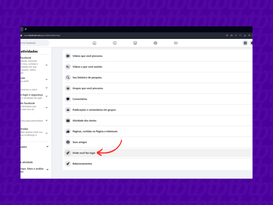 Acessando a guia 'Onde você fez login' do Facebook
