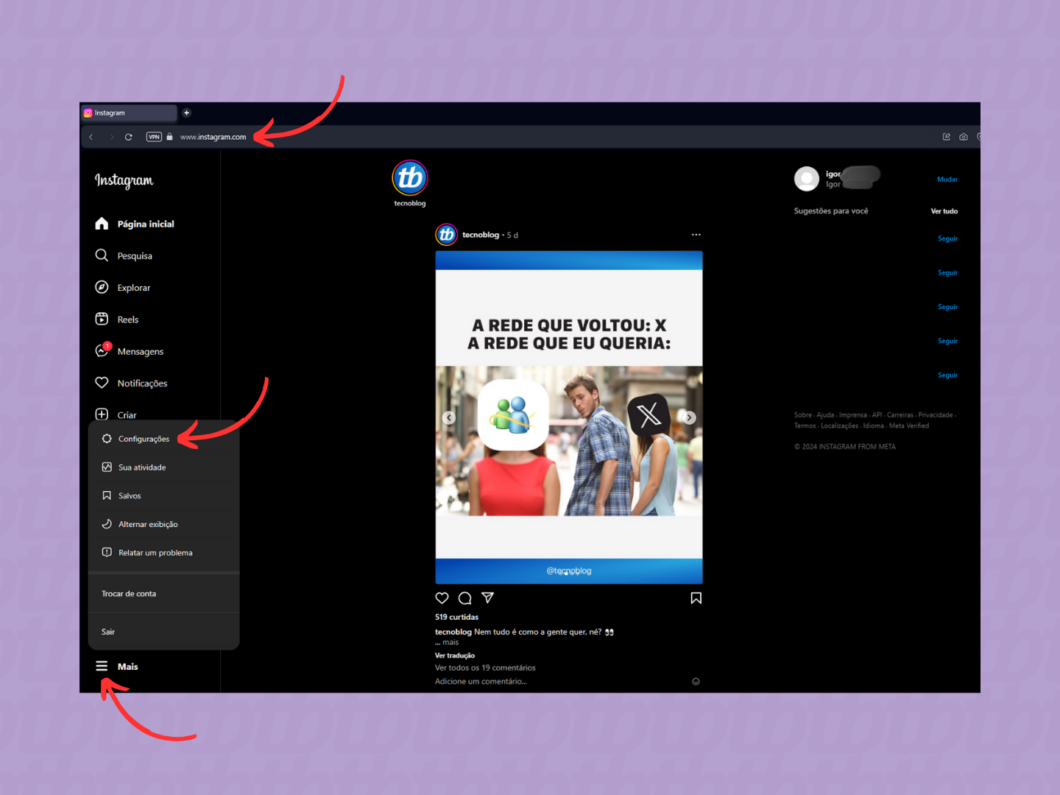 Acessando as configurações do Instagram pelo PC