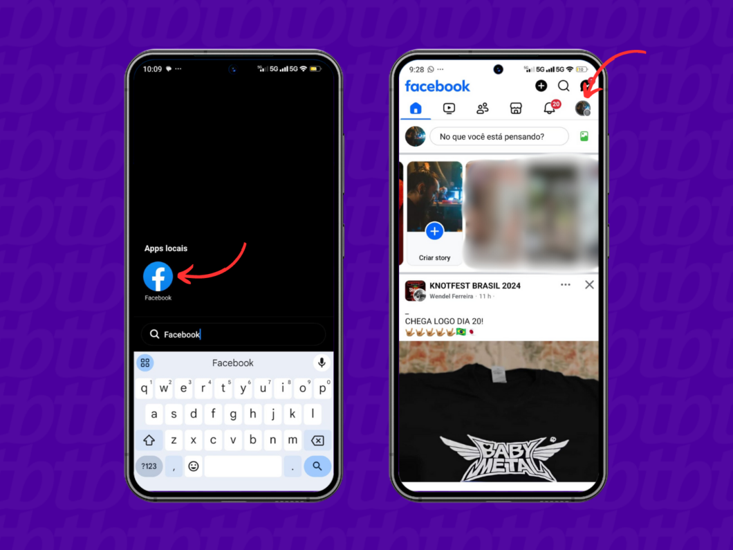 Acessando o menu de configurações do Facebook pelo celular