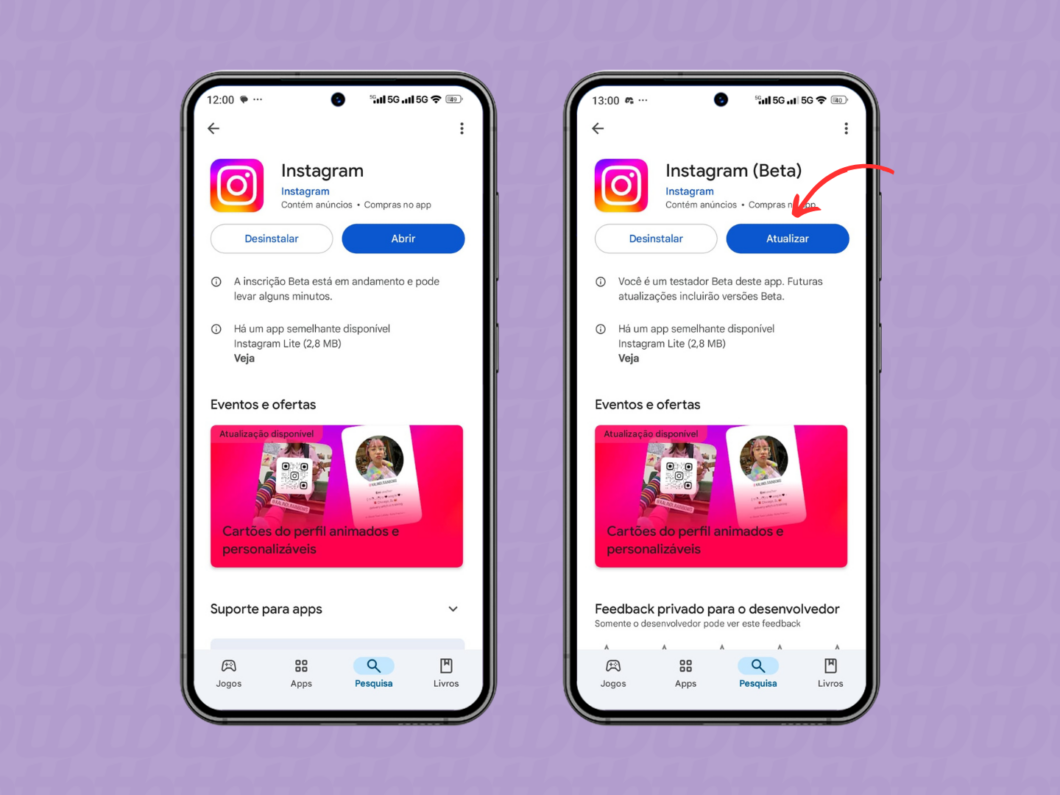 Atualizando o app do Instagram para a versão beta