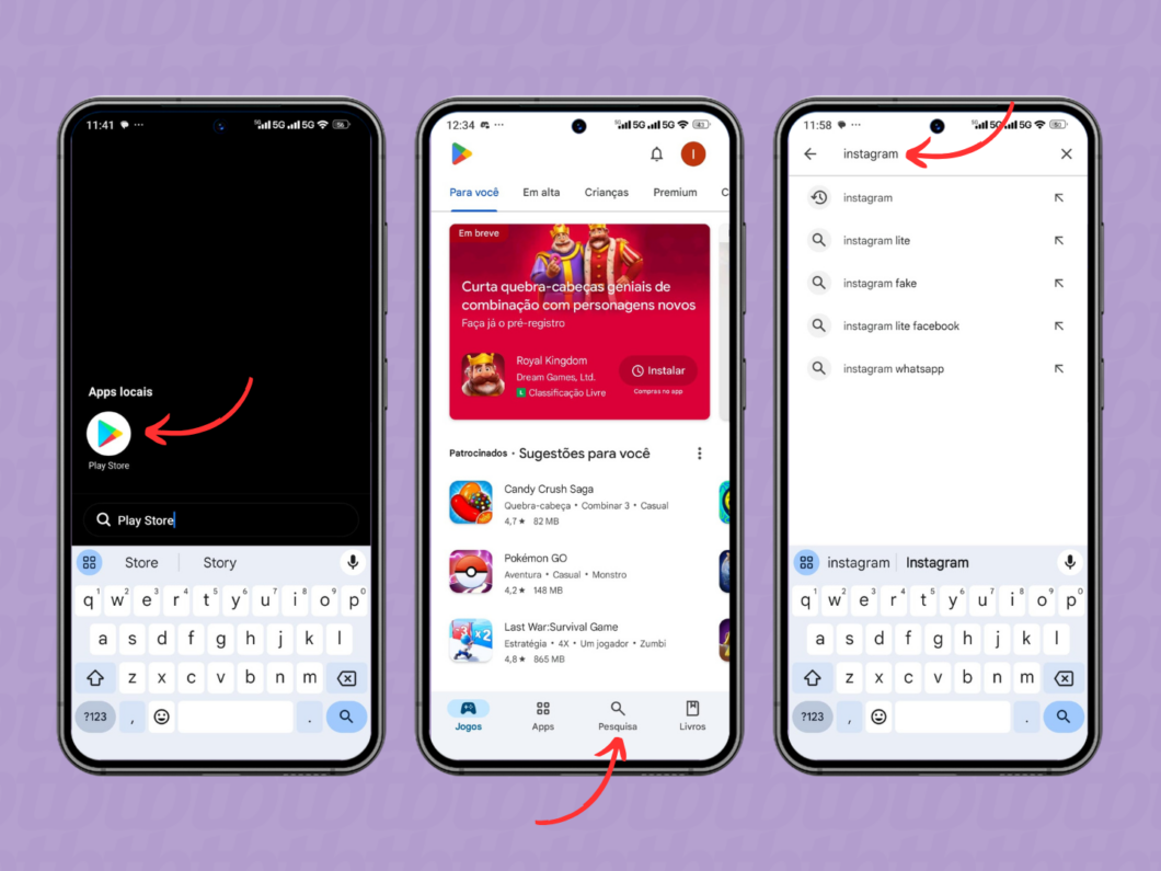 Buscando pelo app Instagram na Play Store