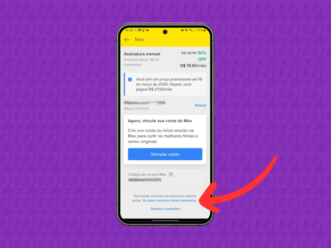 Opção de cancelar assinatura Max no Mercado Livre