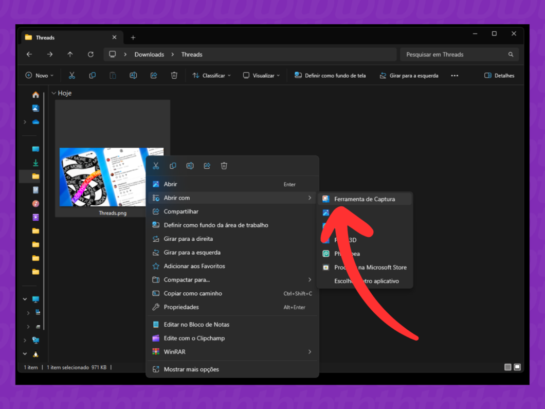 Captura de tela do Windows 11 mostrando como abrir uma imagem na Ferramenta de Captura