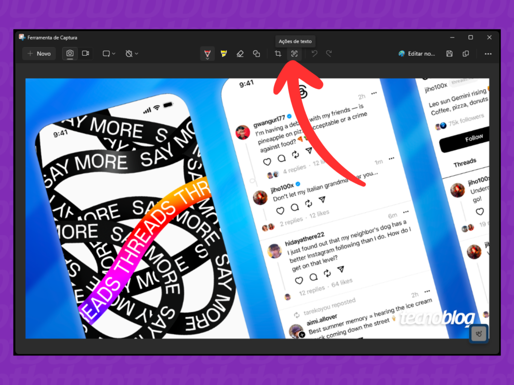 Captura de tela da Ferramenta de Captura do Windows 11 mostrando como ativar o recurso Ações de Texto