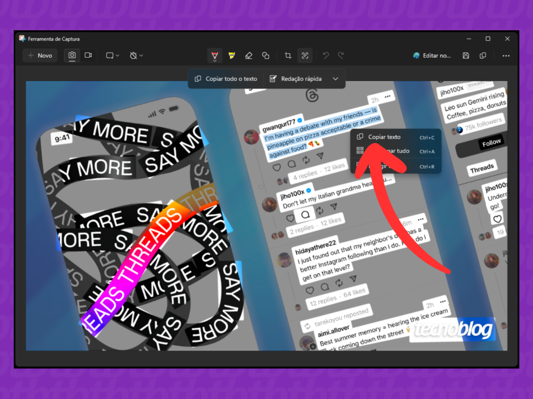 Captura de tela da Ferramenta de Captura do Windows 11 que demonstra como selecionar e copiar o texto da imagem
