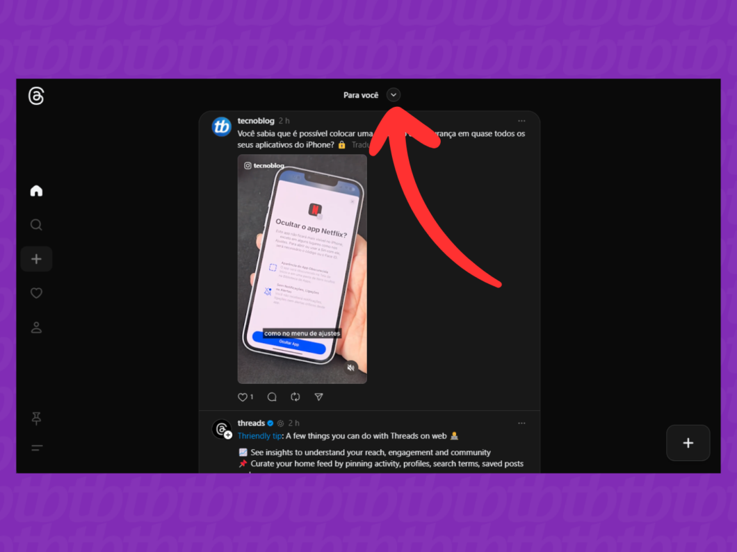 Captura de tela do site Threads mostrando como abrir o menu de seleção de Feed