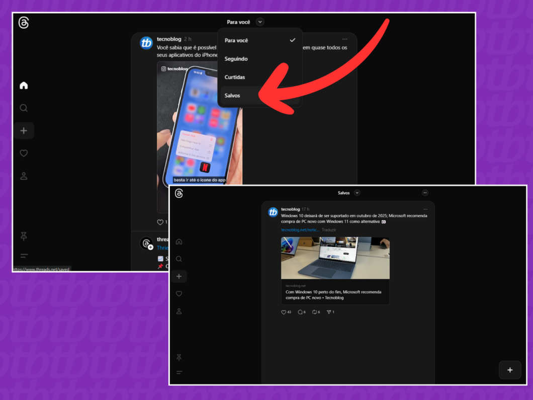 Captura de tela do site Threads mostrando a seleção do Feed Salvos