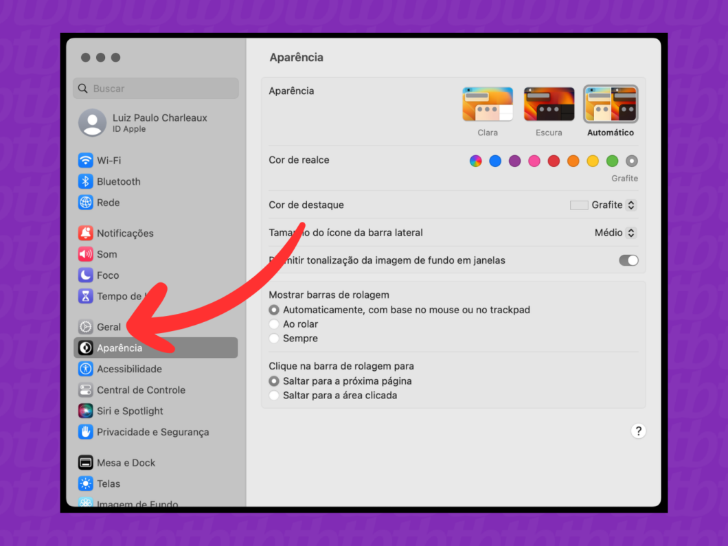 Captura de tela do macOS mostra como abrir o menu Geral