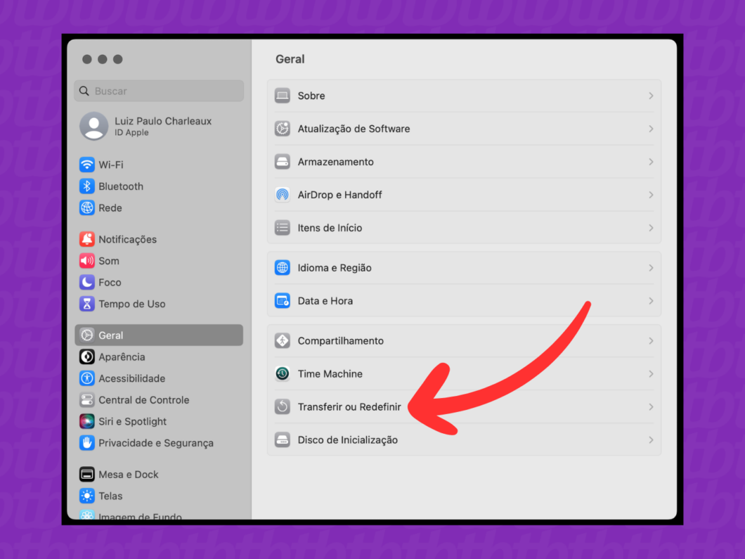 Captura de tela do macOS mostra como abrir o menu Transferir ou Redefinir