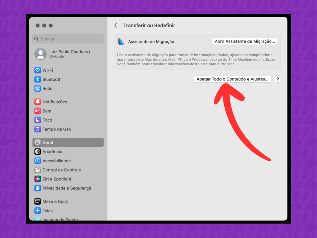 Captura de tela do macOS mostra como abrir a ferramenta Apagar Todo o Conteúdo e Ajustes