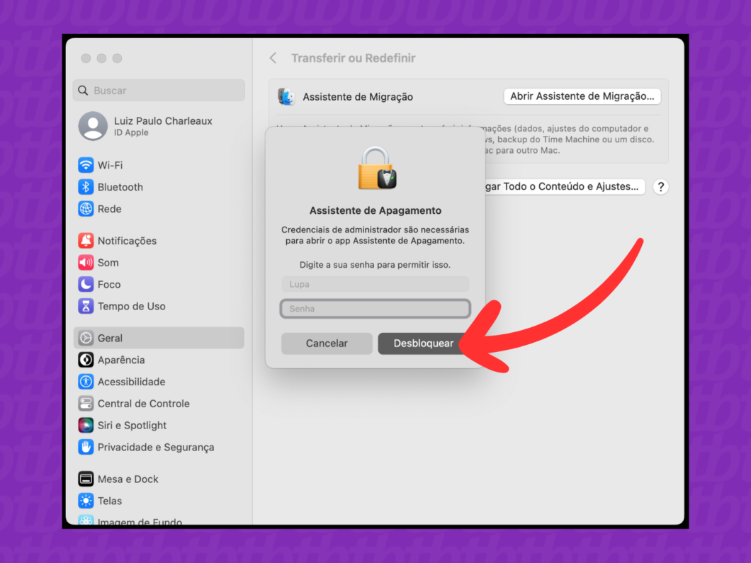 Captura de tela do macOS mostra como desbloquear a ferramenta Assistente de Apagamento