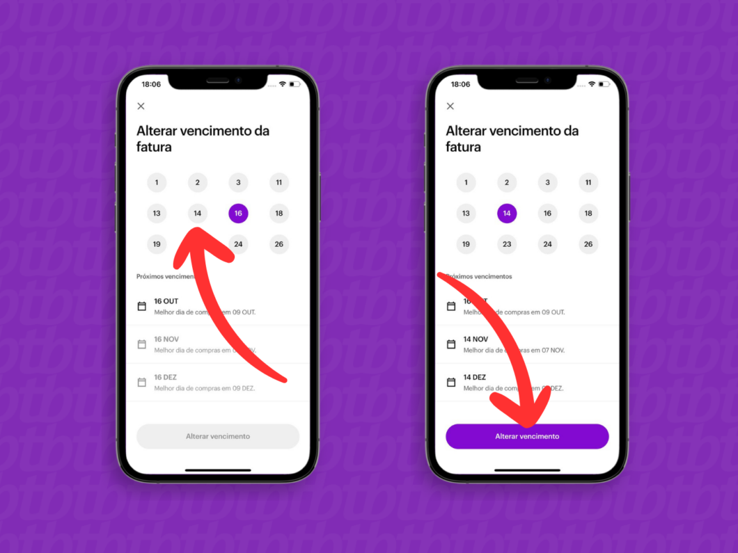 Captura de tela do aplicativo Nubank mostrando a seleção e alteração da data de vencimento da fatura do cartão