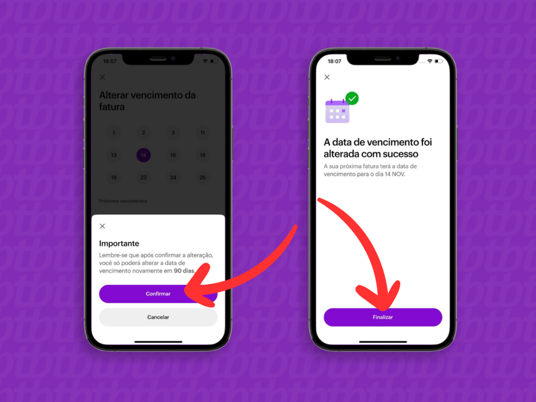 Captura de tela do aplicativo Nubank apresentando a confirmação da alteração na data de vencimento da fatura
