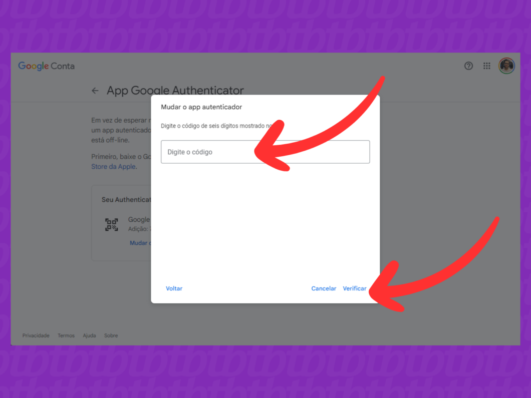 Captura de tela mostrando a inserção do código de verificação da Google Conta