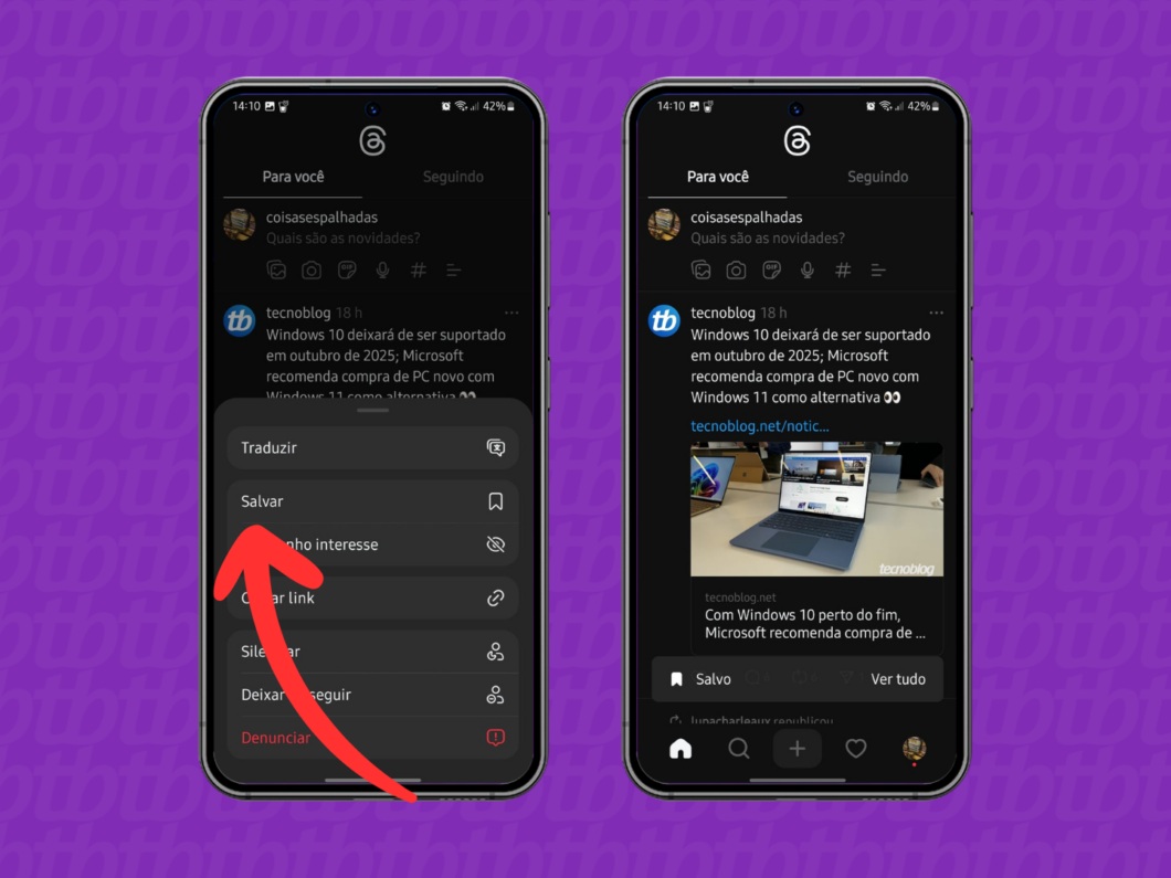 Captura de tela do Threads mostrando a opção de salvar uma publicação