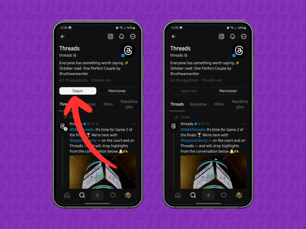 Captura de tela do aplicativo Threads mostra como seguir um perfil