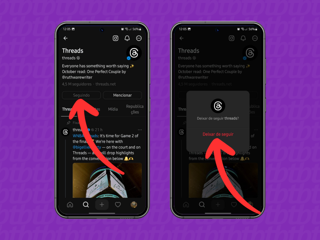 Captura de tela do aplicativo Threads mostra como deixar de seguir um perfil