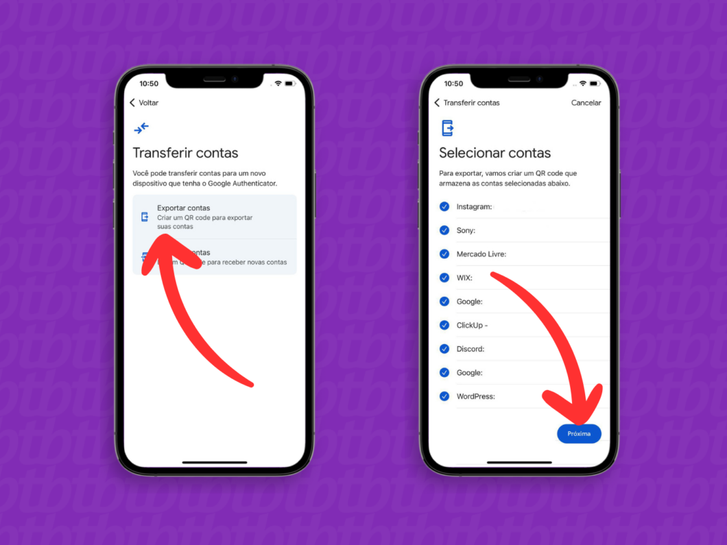 Exportação e seleção de contas no Google Authenticator