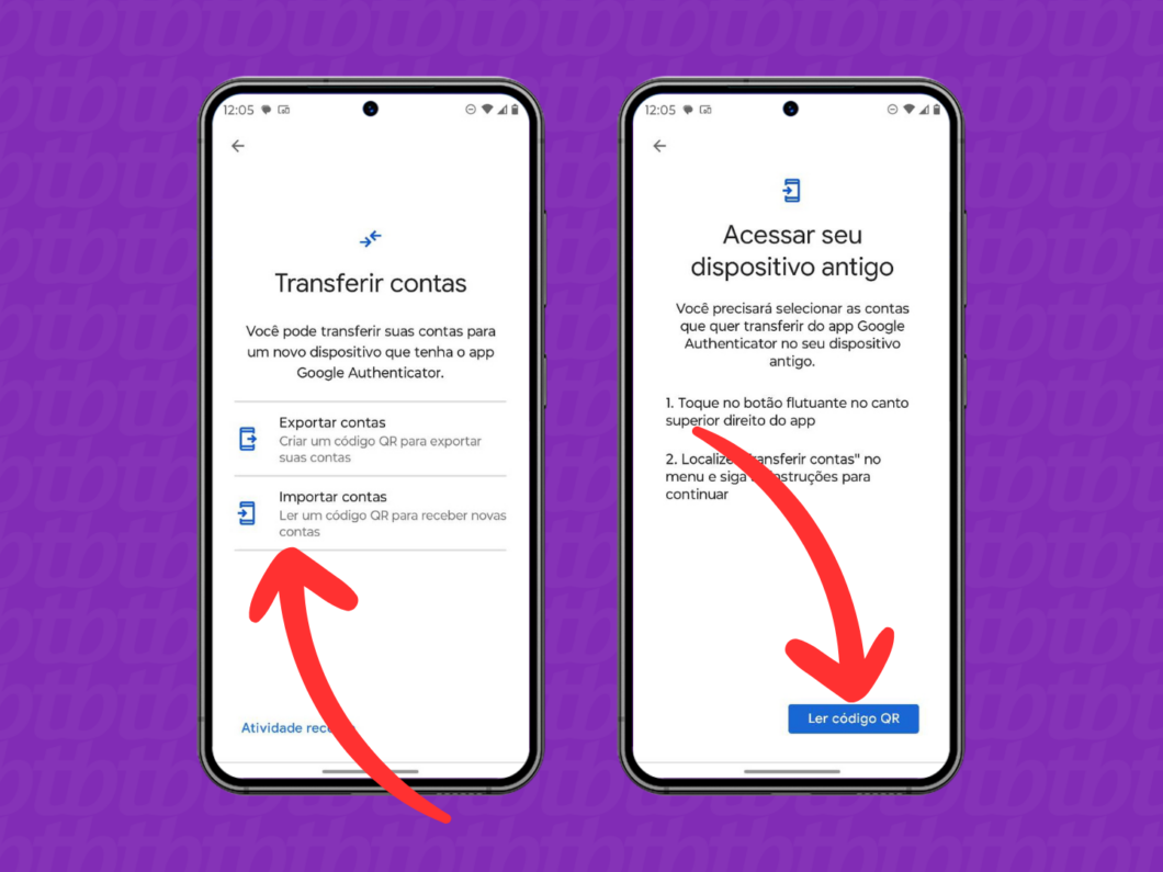 Captura de tela do Google Authenticator mostrando como importar contas e ler QR code