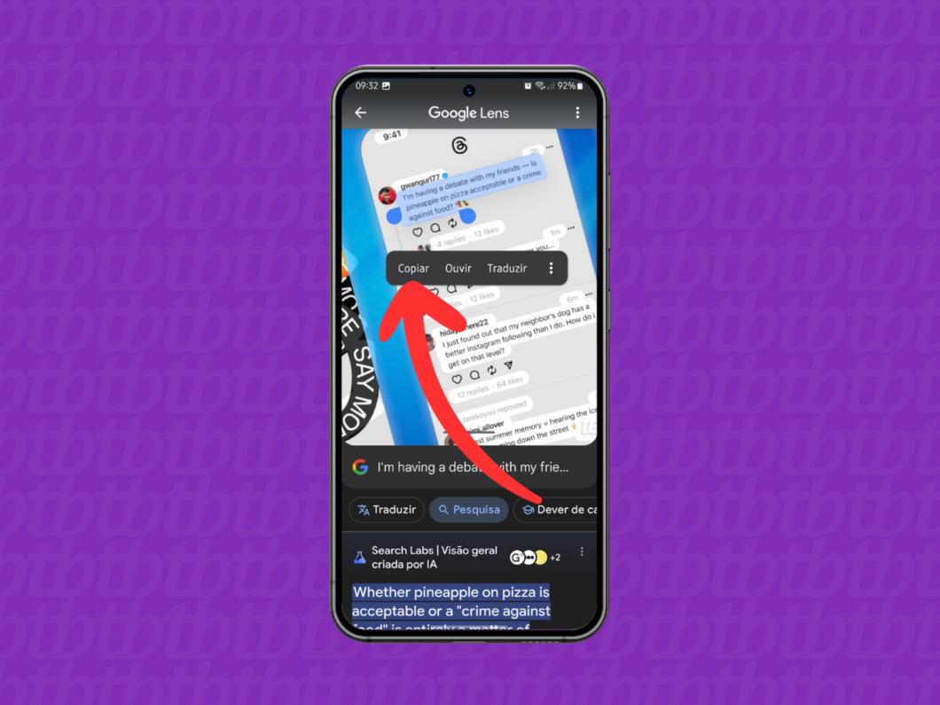 Captura de tela do aplicativo Google Lens mostrando como copiar o texto de uma imagem