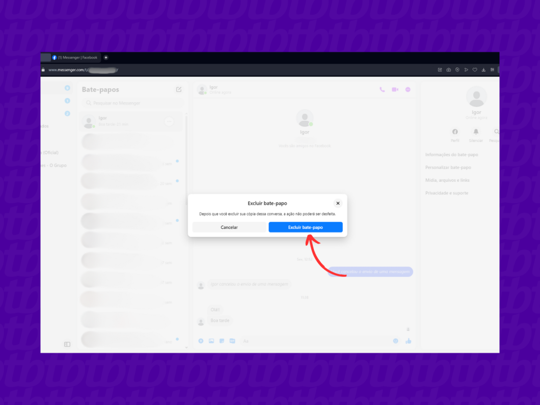 Confirmando a exclusão do bate-papo do Messenger