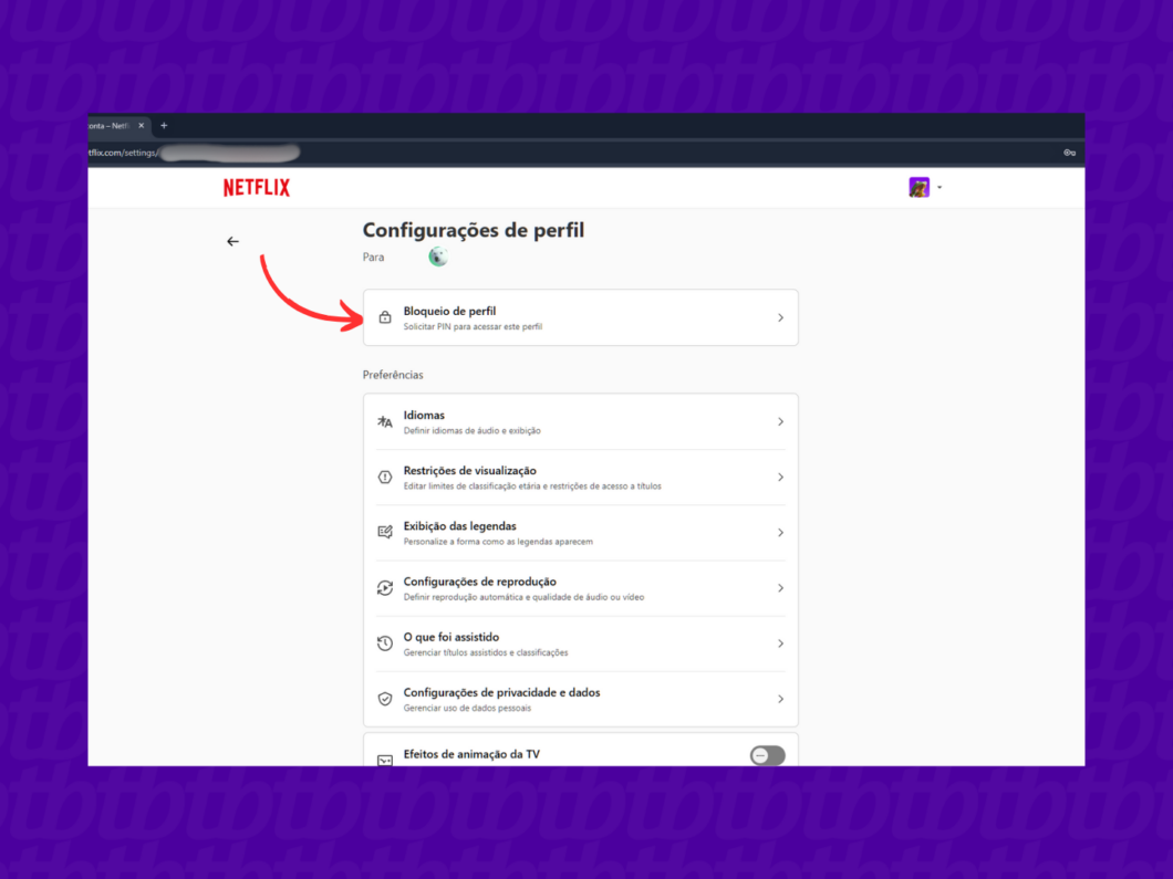 Entrando na seção 'Bloqueio de perfil' no site da Netflix
