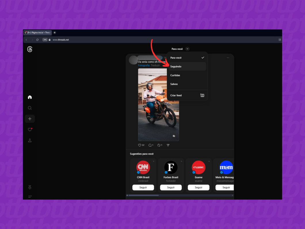 Entrando no feed cronológico do Threads pela versão desktop