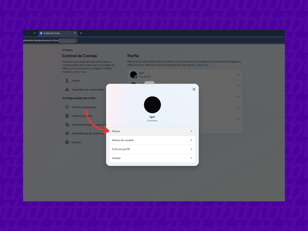 Entrando no gerenciamento do nome de perfil do Facebook