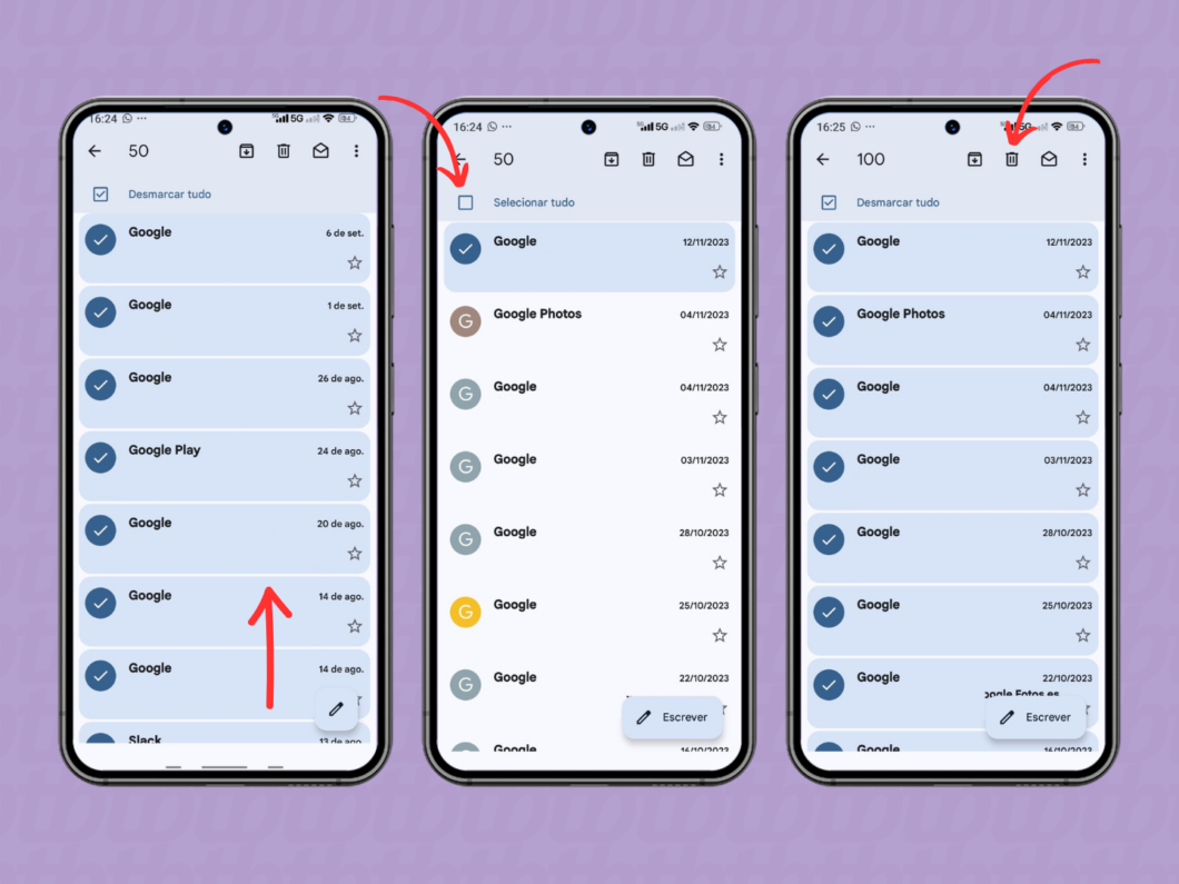 Excluindo todos os e-mails da caixa de entrada do Gmail pelo celular