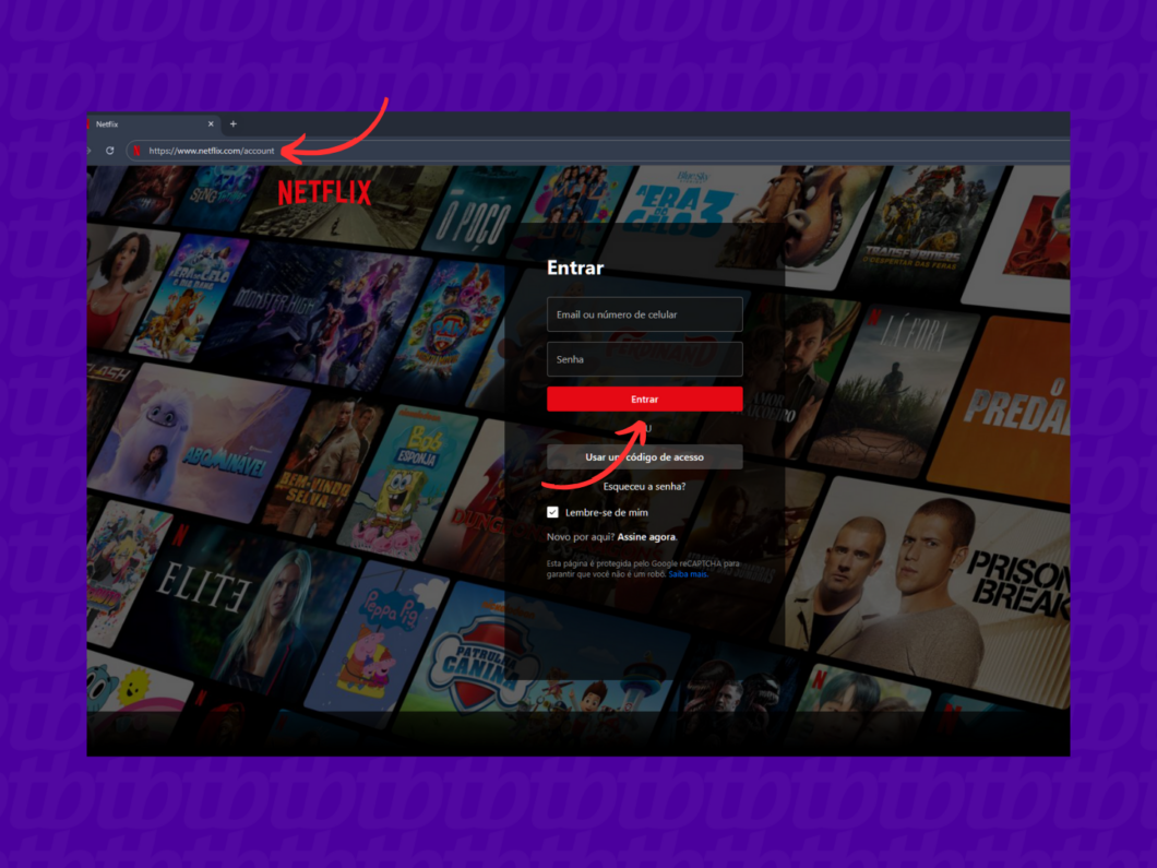 Fazendo login na página de contas da Netflix pelo PC