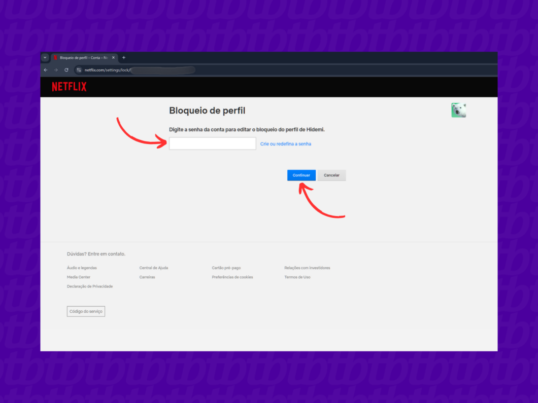 Informando a senha da conta Netflix para prosseguir