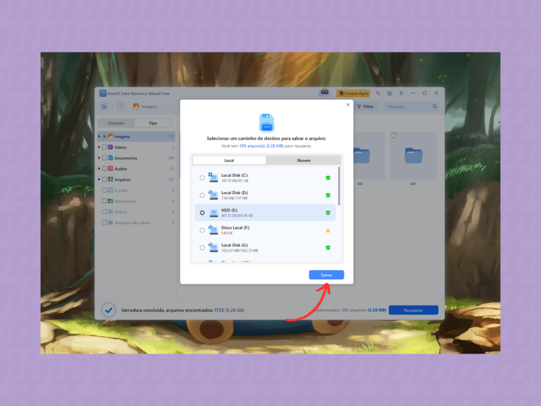 Salvando os dados recuperados pelo EaseUS Data Recovery
