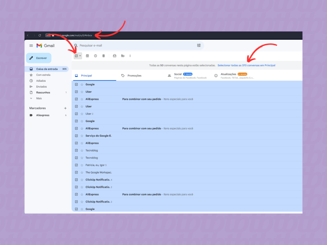 Selecionando os primeiros e-mails da caixa de entrada do Gmail