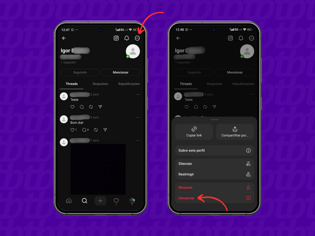 Utilizando recurso de denúncia em perfil do Threads