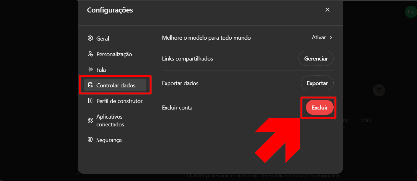 Botão para excluir conta no ChatGPT