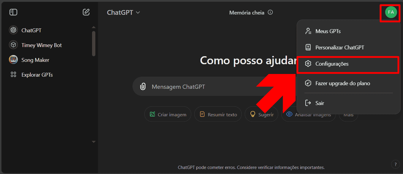 Botão de configurações no ChatGPT