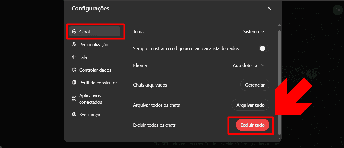 Botão para excluir todos os chats no ChatGPT