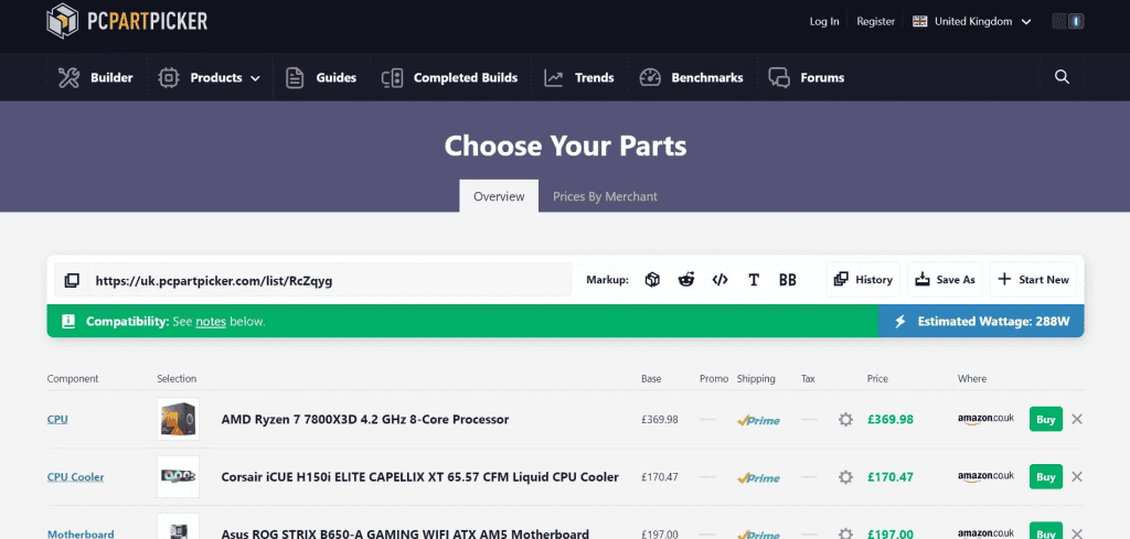 Imagem que mostra uma lista de componentes de hardware feita no site PC PARTS PICKER