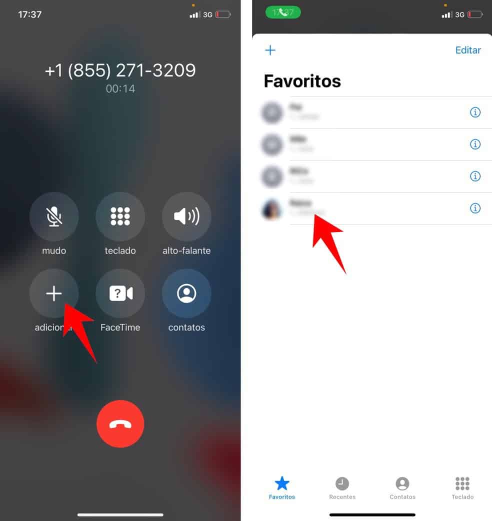 Selecionando contato durante a gravação de chamada no iPhone
