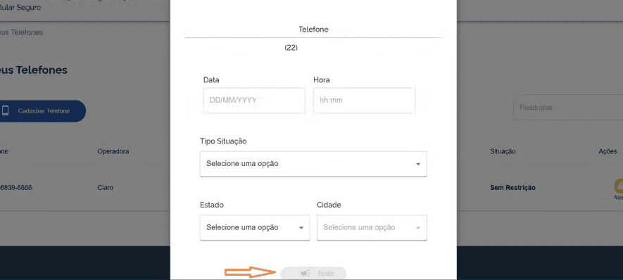 Processo de bloqueio de IMEI no computador usando o Celular Seguro