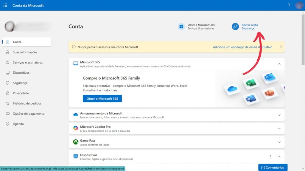 Tela de configuração da conta da Microsoft