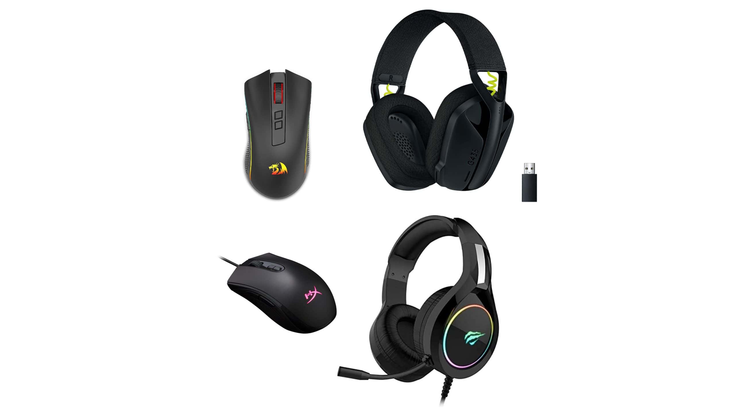 Montagem com headsets e mouses em promoção na Amazon