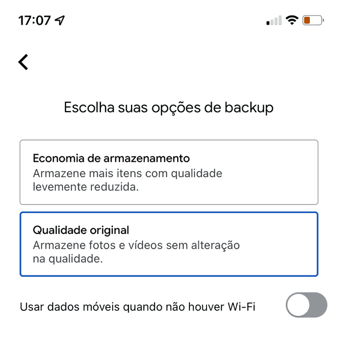 Escolhendo a qualidade de backup do Google Fotos