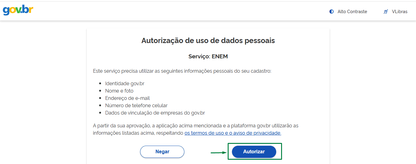 Tela de autorização para acesso às notas do Enem