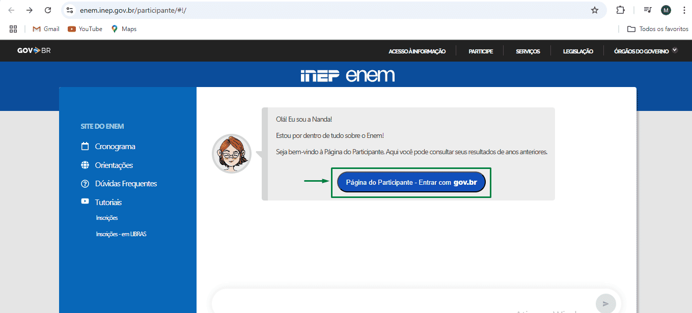 Área de login do portal do Inep para o Enem